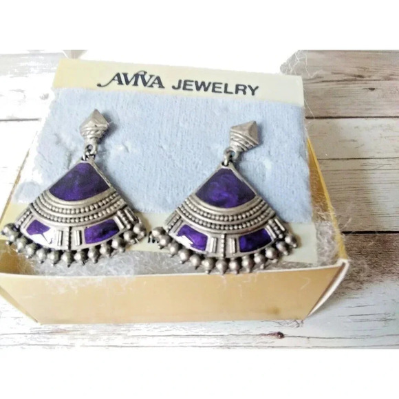 Authentic Vintage 1980s Dark Silver & Blue Enamel Fan Dangle Earrings - Picture 4 of 4